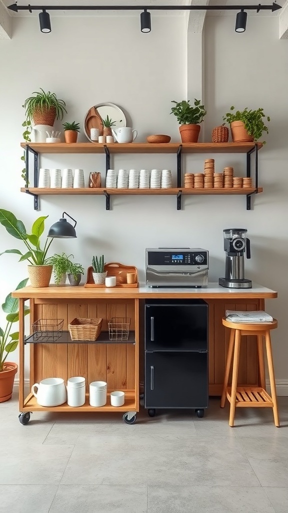 A sustainable coffee bar featuring wooden shelves, plants, and a coffee maker.
