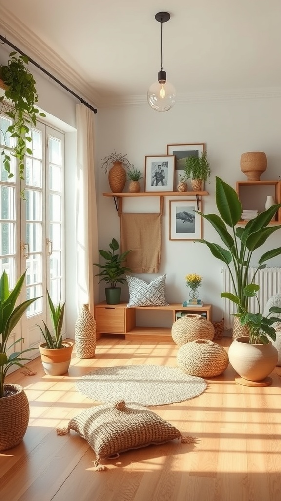 A bright, eco-friendly living room with plants and natural decor.