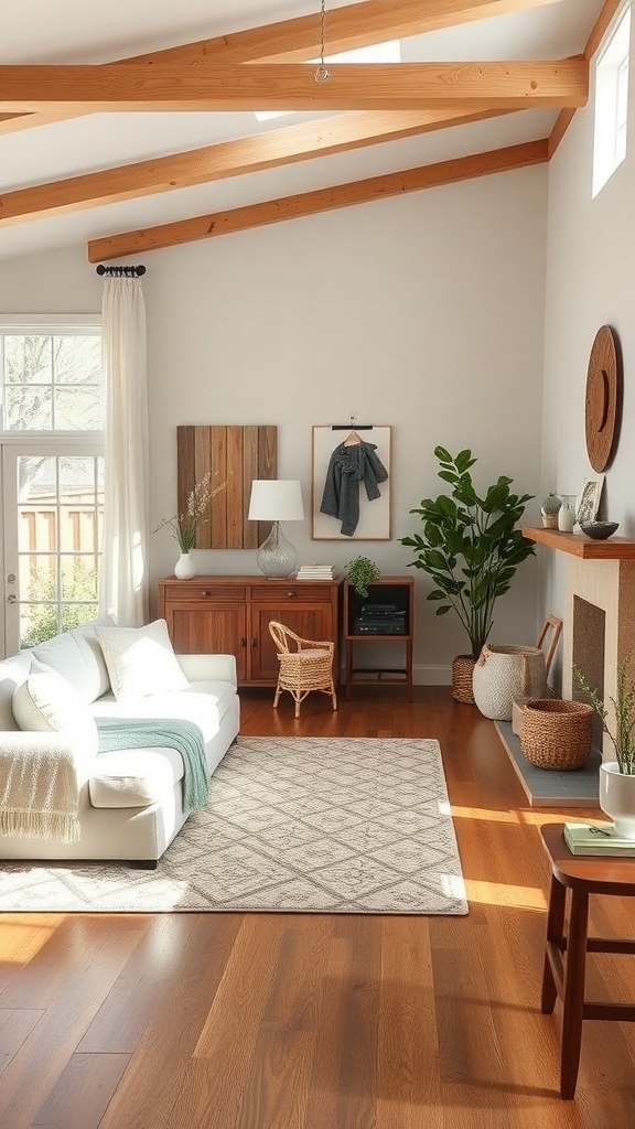 A cozy living room featuring wooden beams, a white sofa, and plants, embodying a modern farmhouse aesthetic.
