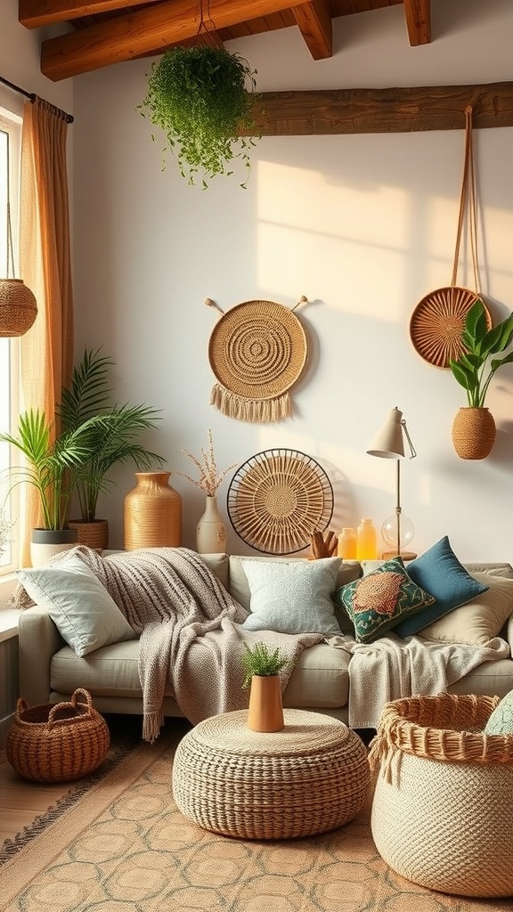 A cozy boho chic living room with natural decor elements.