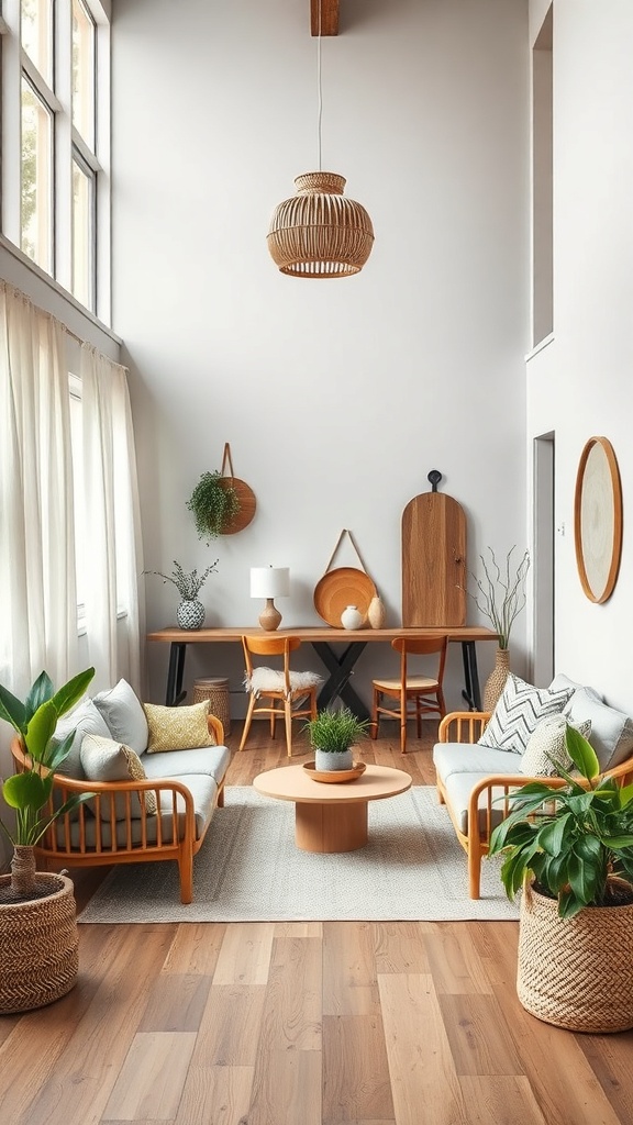 A Scandinavian living room with wooden furniture, plants, and natural light.