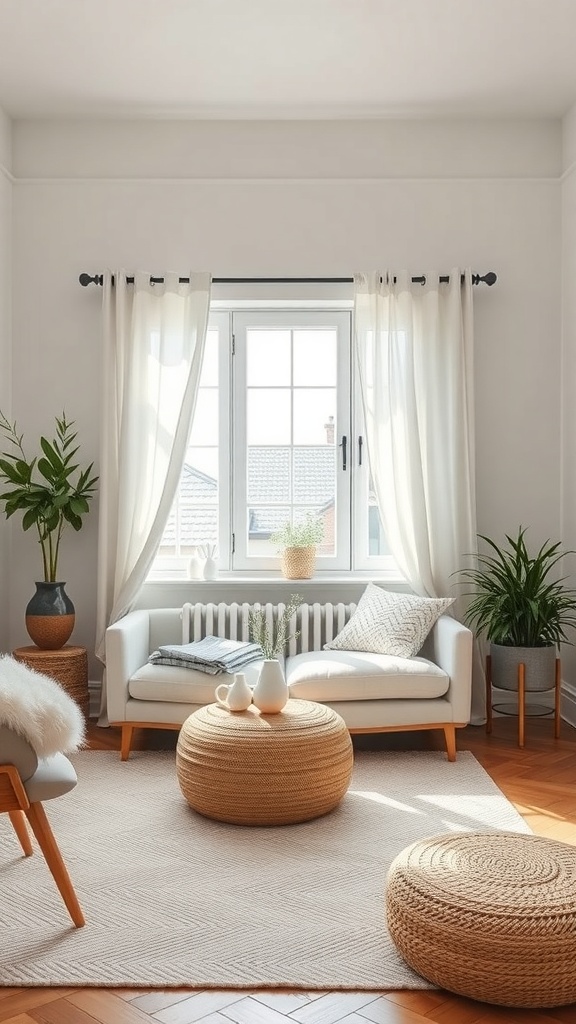 A cozy Scandinavian living room featuring natural materials, plants, and simple decor.