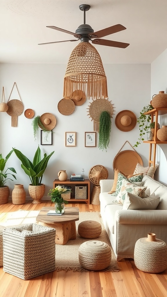 A cozy living room with sustainable decor featuring woven baskets, plants, and natural materials.