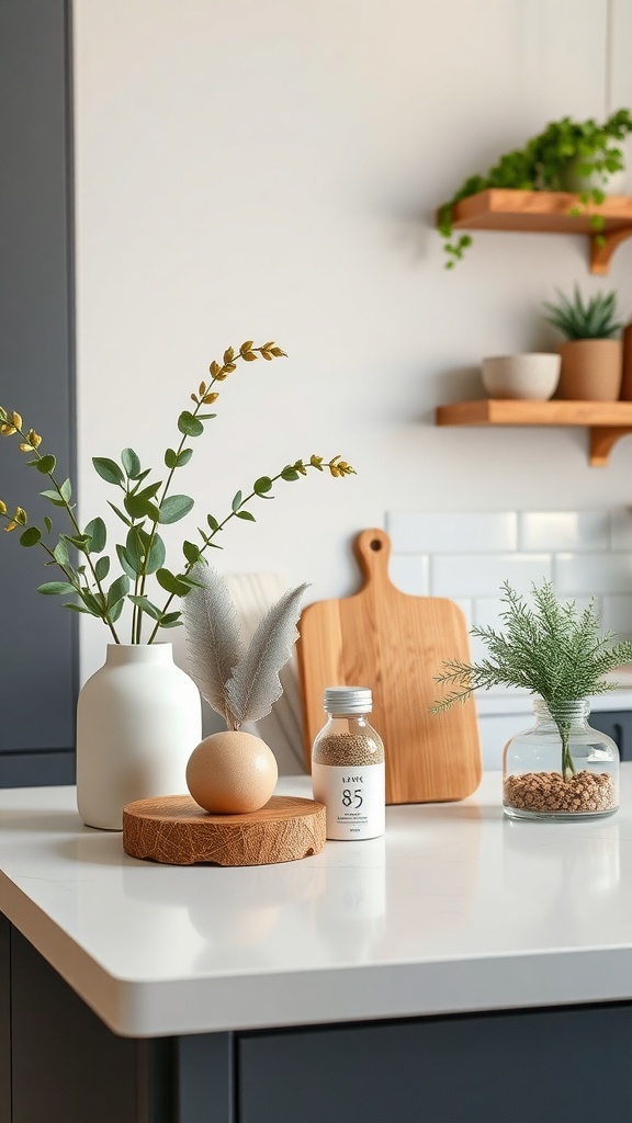 Stylish kitchen countertop with sustainable decor elements including plants, wooden cutting board, and ceramic vase.