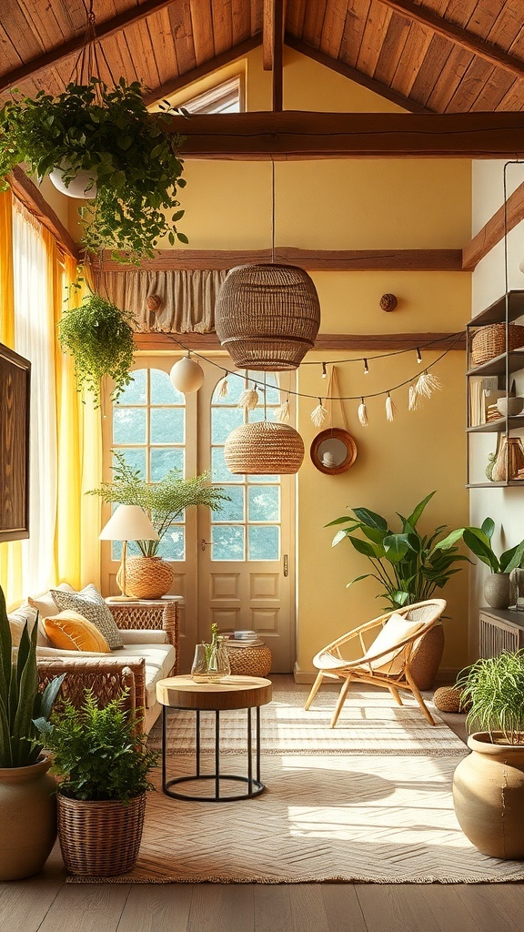 Ein heller Raum mit gelben Wänden, Rattanmöbeln und vielen Pflanzen, die eine nachhaltige Dekoration zeigen.