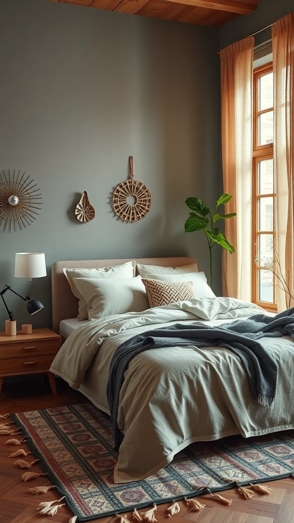 A cozy bedroom featuring natural materials and plants, showcasing sustainable decor choices.
