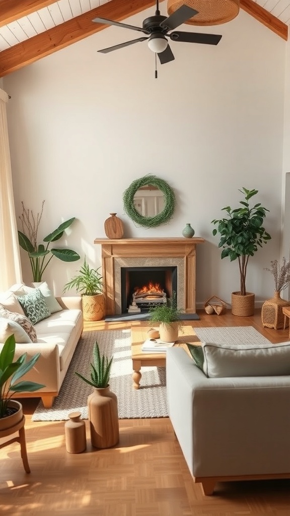 A cozy living room with sustainable decor featuring plants, reclaimed wood, and a warm fireplace.