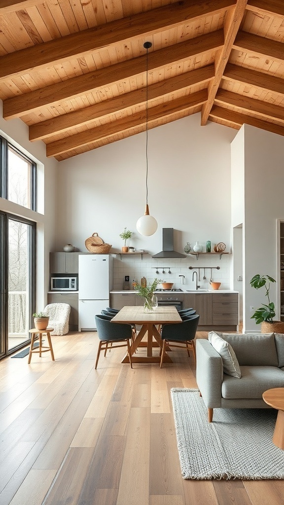 Open concept living and dining room with wooden beams, large windows, and sustainable furniture.
