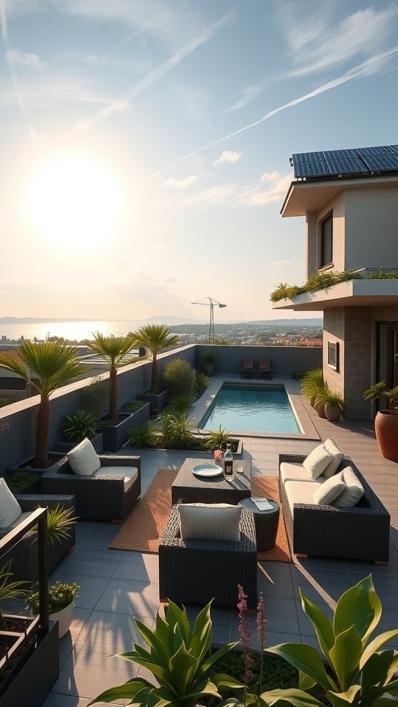 Luxuriöser Dachgarten mit Pool und modernen Möbeln unter Sonnenlicht