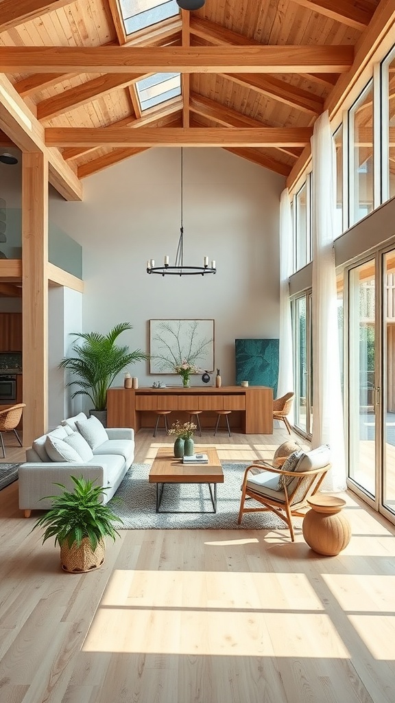 A bright and airy living room featuring wooden beams, large windows, and sustainable furniture.