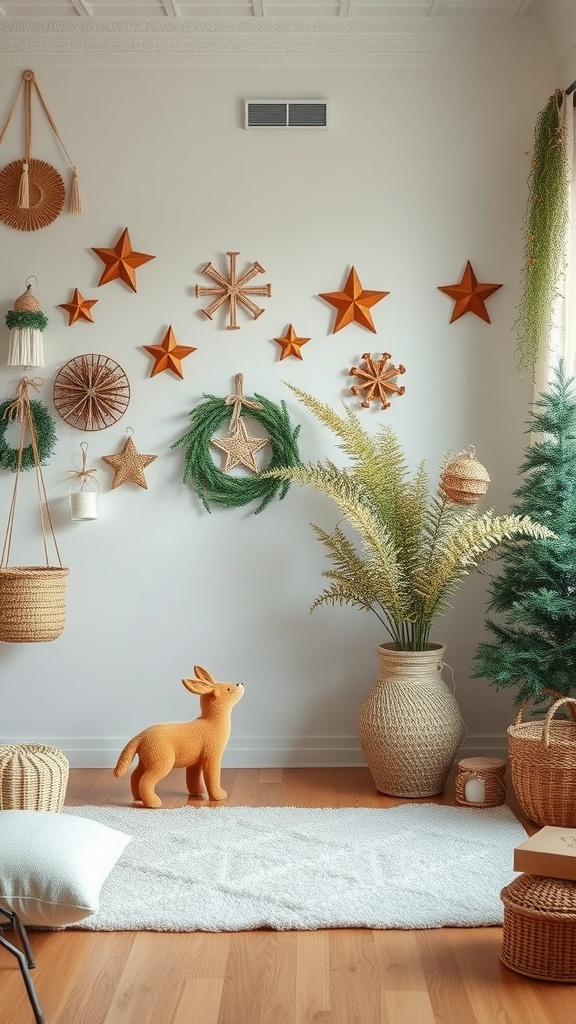 A cozy room featuring eco-friendly decor with natural materials and plants.