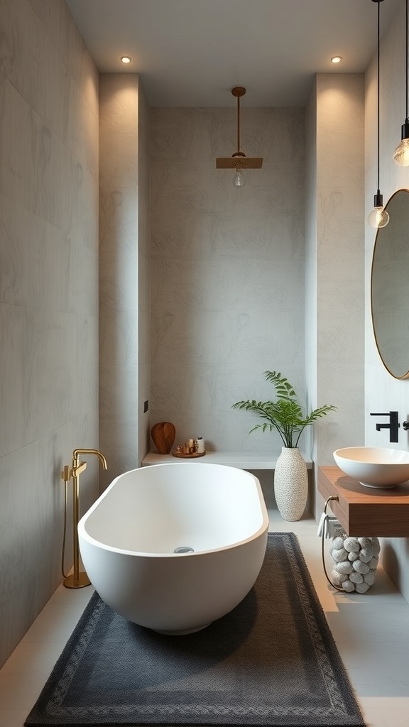 Ein modernes Badezimmer mit freistehender Badewanne, goldenen Armaturen und einer Pflanze.