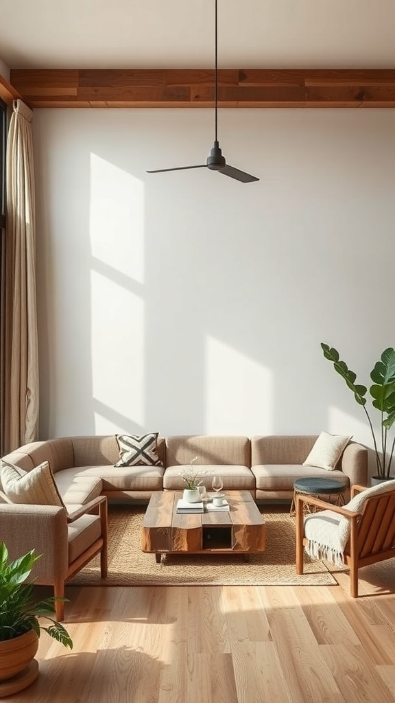 A cozy living room featuring sustainable furniture with natural wood elements and plants.