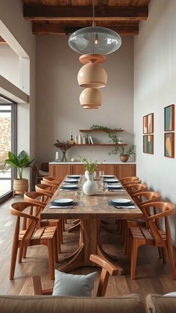 A modern dining area featuring a large wooden table surrounded by stylish chairs, with natural light streaming in.