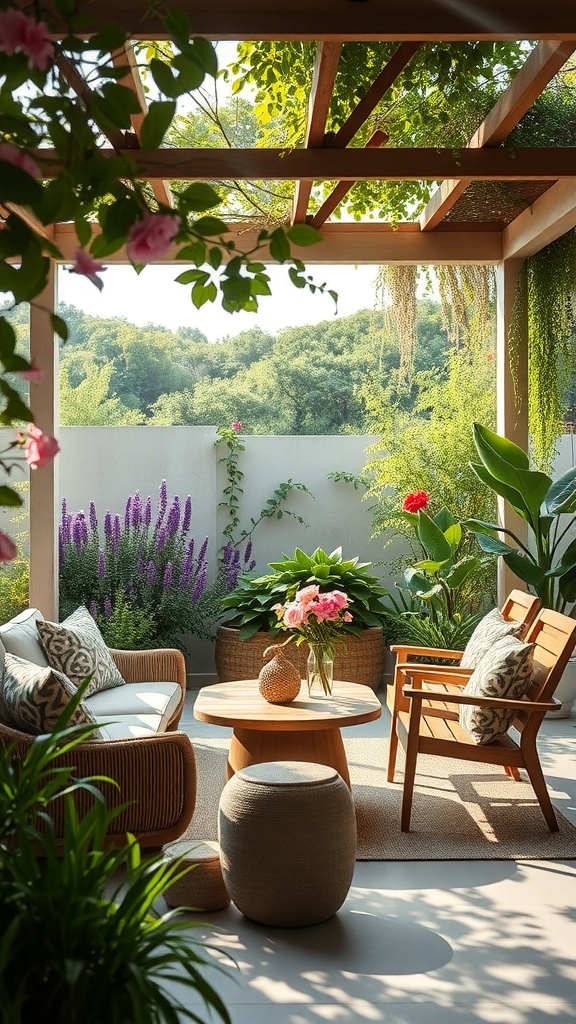A cozy outdoor seating area with sustainable garden furniture surrounded by greenery.