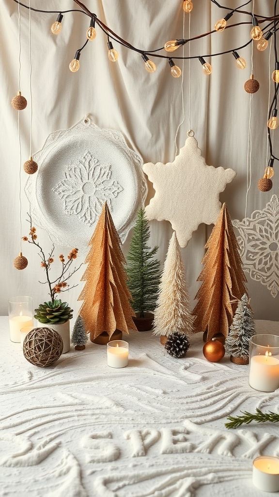 A cozy holiday decoration scene featuring paper trees, string lights, and natural elements.