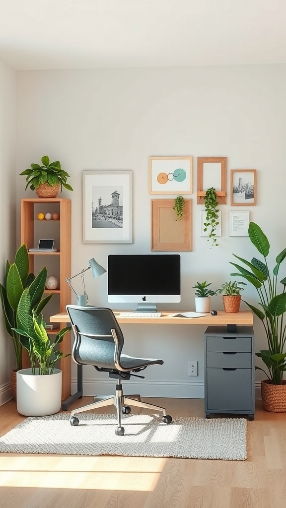 A stylish home office setup with plants, a desk, and a computer.