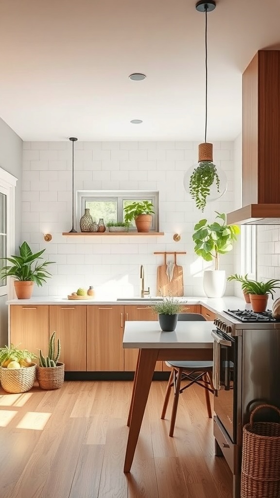 A bright and eco-friendly kitchen with wooden cabinets, plants, and natural light.