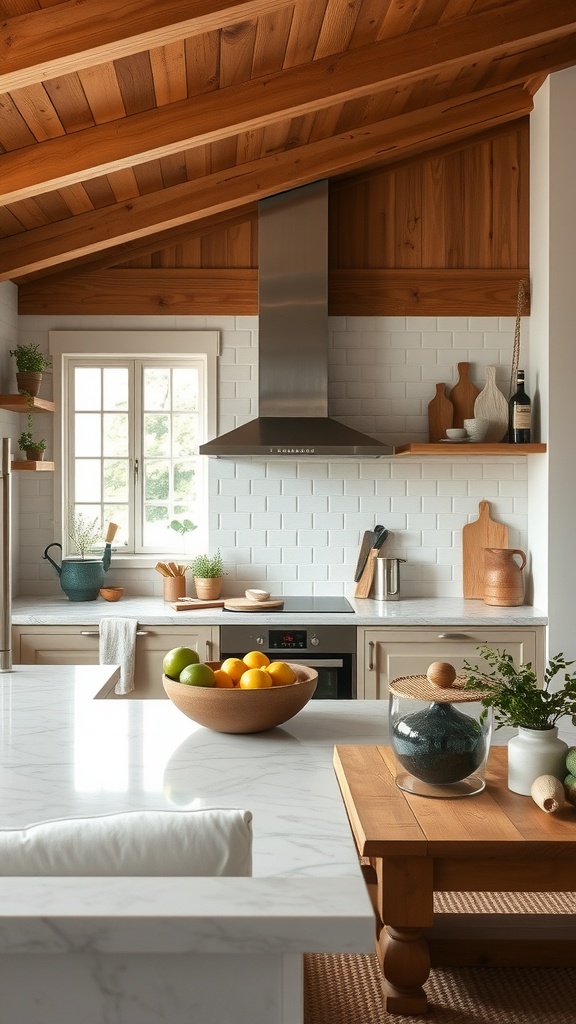 A modern farmhouse kitchen with wooden beams, a marble countertop, and fresh fruits in a bowl.