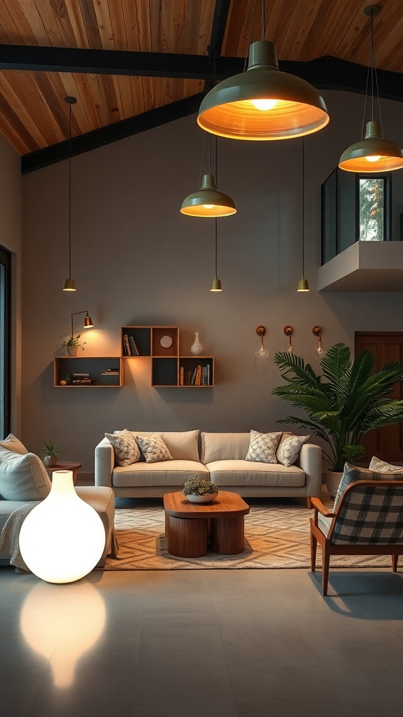 A cozy living room with sustainable lighting solutions, featuring pendant lights and a unique floor lamp.