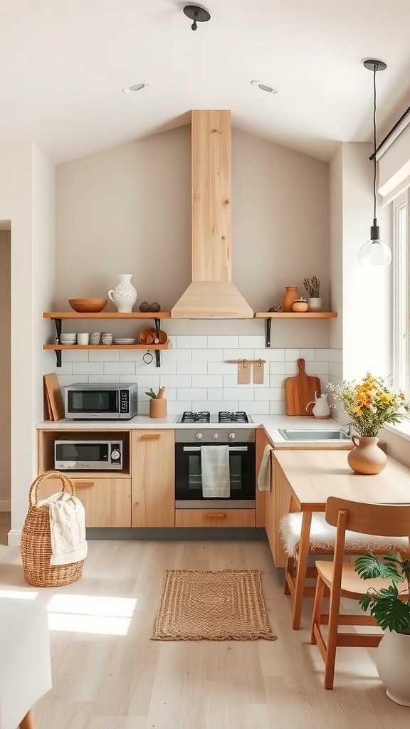A cozy Japandi kitchen with wooden elements and natural decor.
