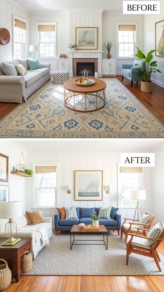 Before and after images of a living room makeover showcasing eco-friendly materials.