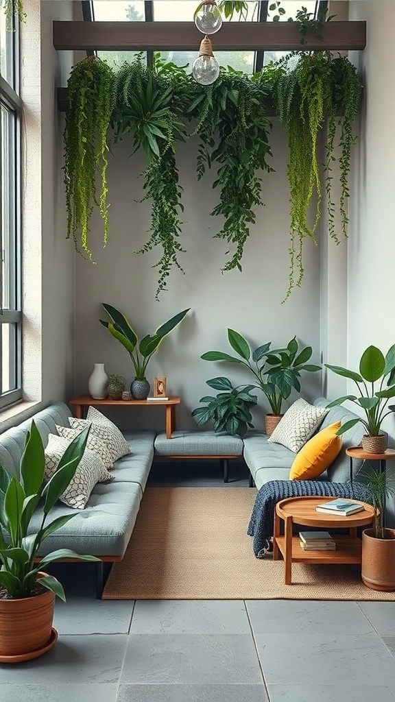 A cozy living space featuring a sunken sofa, lush plants, and warm lighting.