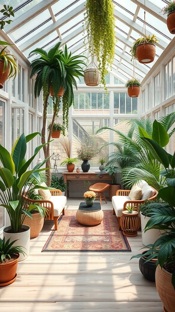 A bright and airy conservatory filled with various plants, cozy seating, and natural light.