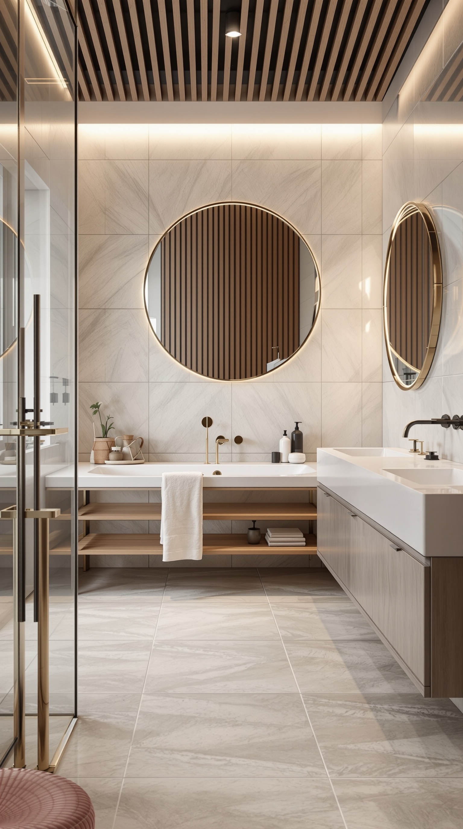 Modernes Badezimmer mit freistehender Badewanne, marmorierten Fliesen und Pflanzen