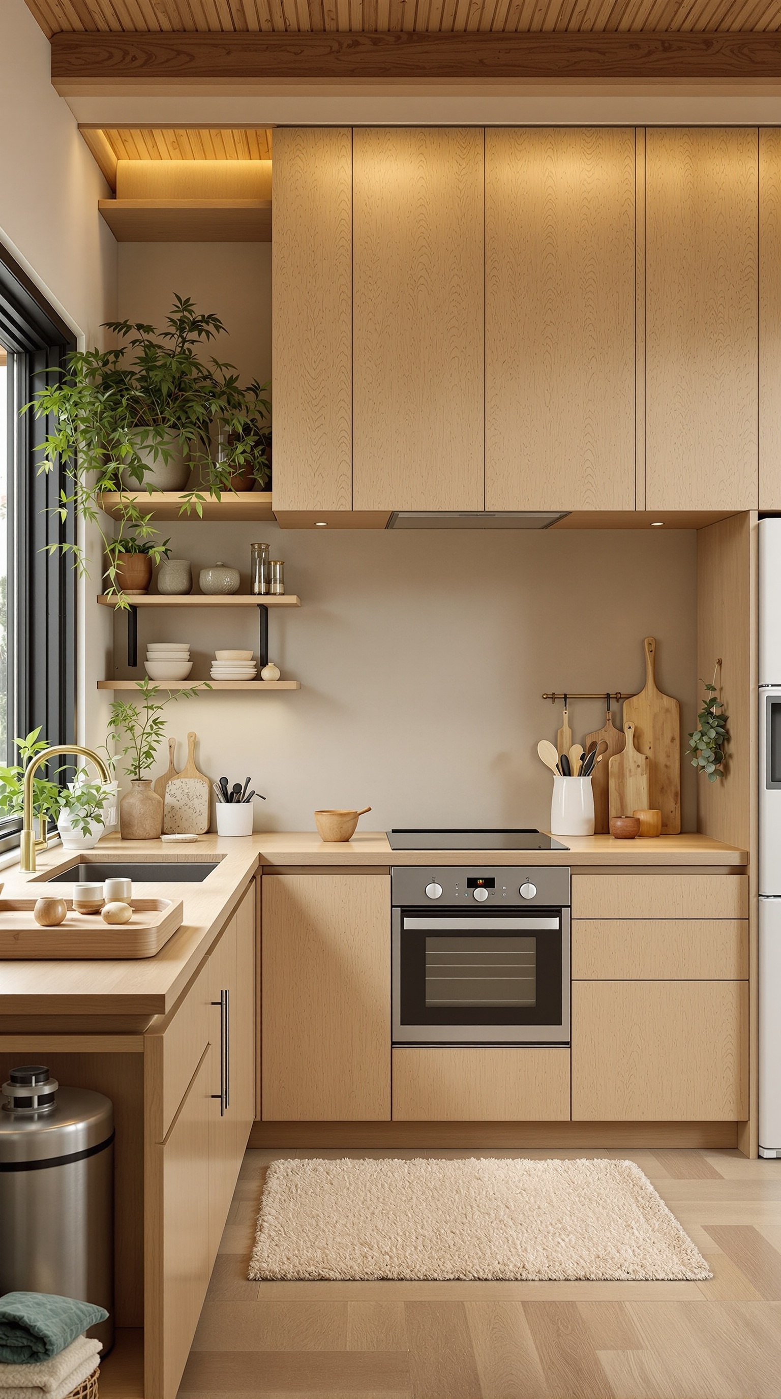 Ein modernes, minimalistisches Zuhause mit Holzdecke, großen Fenstern und Blick auf das Wasser.