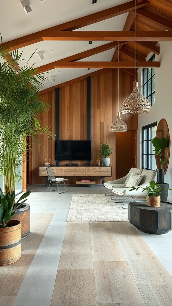 A modern living room with wooden beams, plants, and natural decor elements.