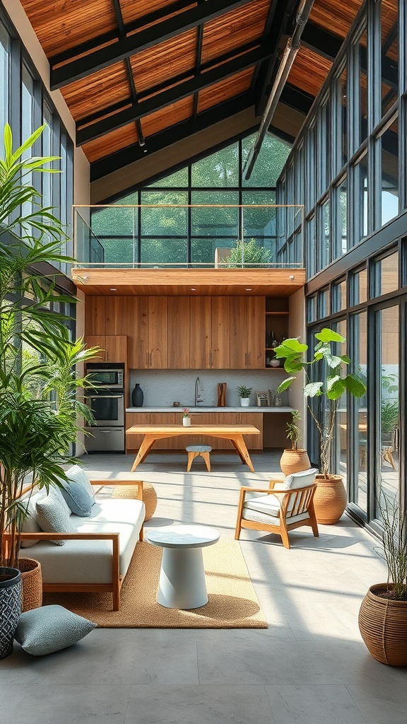 Bright and airy interior with wooden furniture, large windows, and plants, showcasing eco-friendly design.