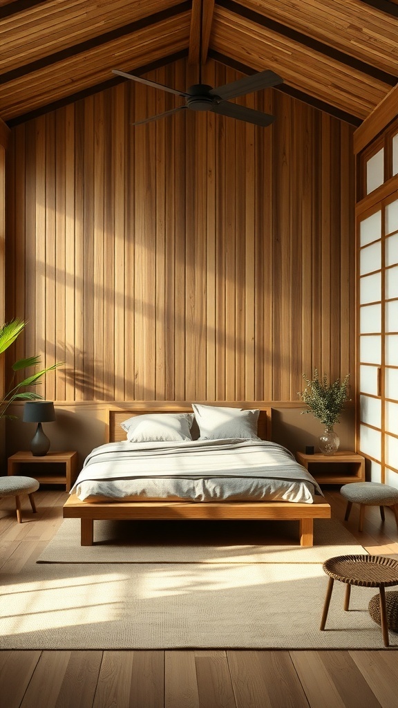 A serene Japandi-style bedroom featuring wooden walls, a wooden bed, and natural decor.