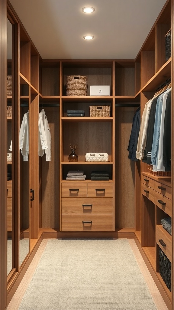 A minimalist walk-in closet featuring wooden shelves, storage baskets, and a clean design.