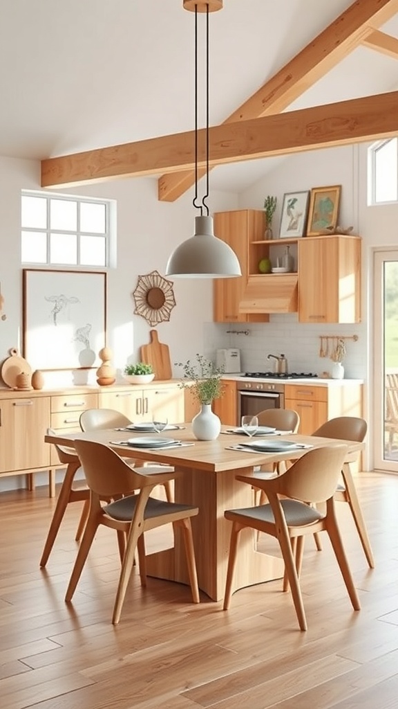 A Scandinavian dining area featuring wooden furniture, a round table, and natural decor elements.