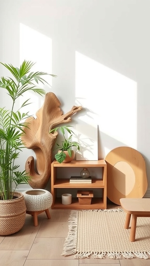 A cozy corner featuring wooden furniture, plants, and woven decor, embodying Japandi style.