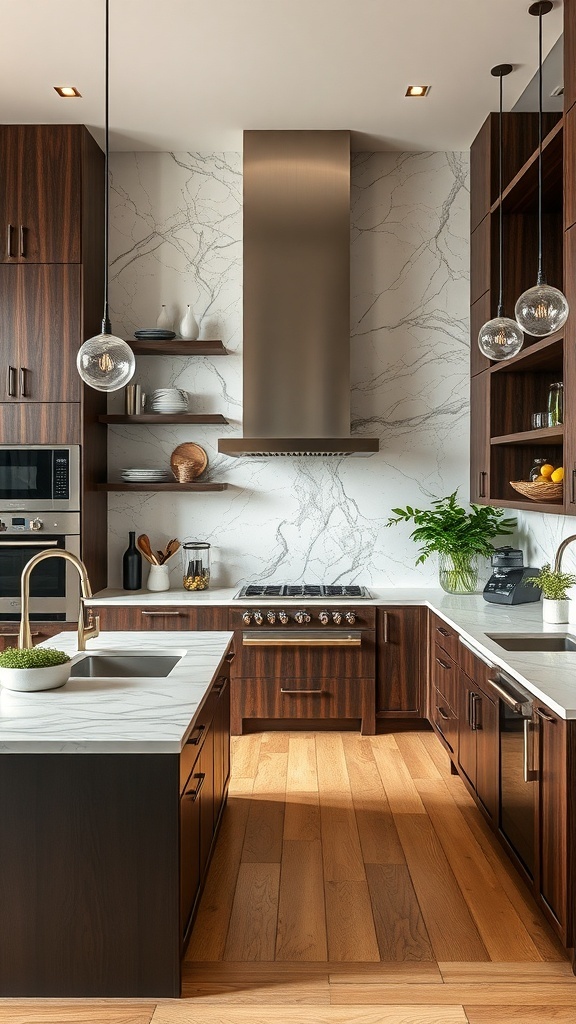 A modern kitchen featuring dark wood cabinetry, marble countertops, and open shelving, emphasizing sustainable materials.