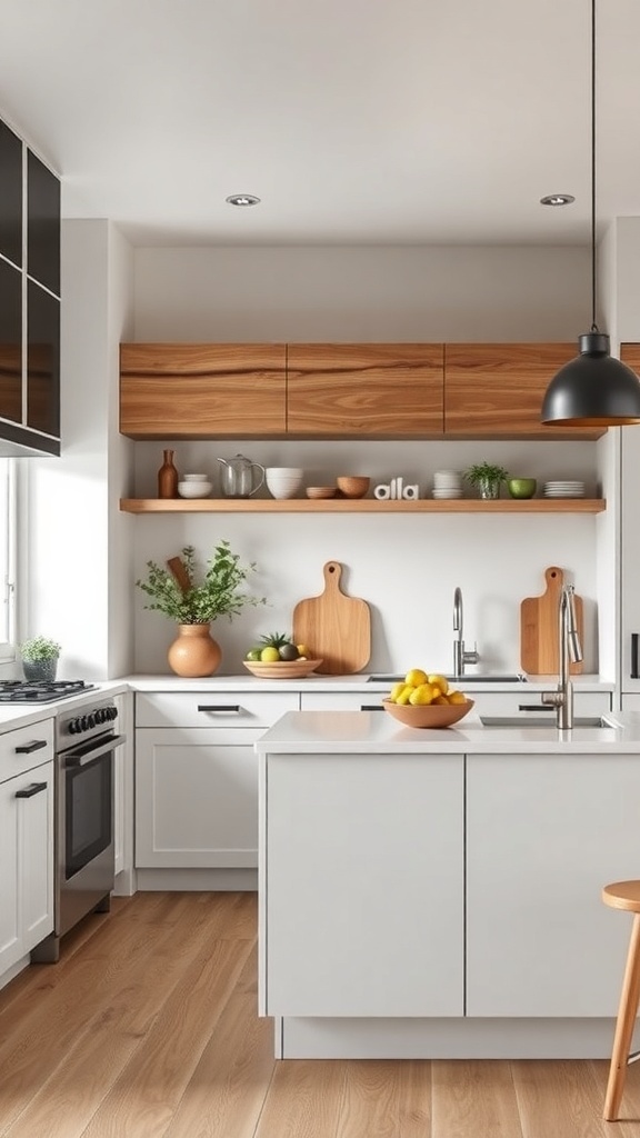 A modern Scandinavian kitchen featuring wooden shelves, a bright countertop, and green plants.