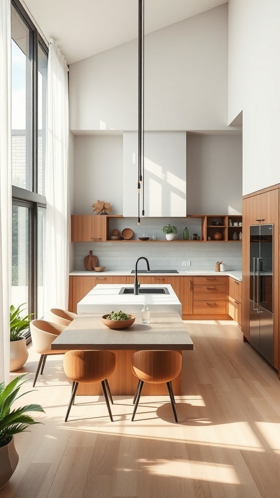 A modern kitchen featuring sustainable materials with wooden cabinets, a large island, and plenty of natural light.