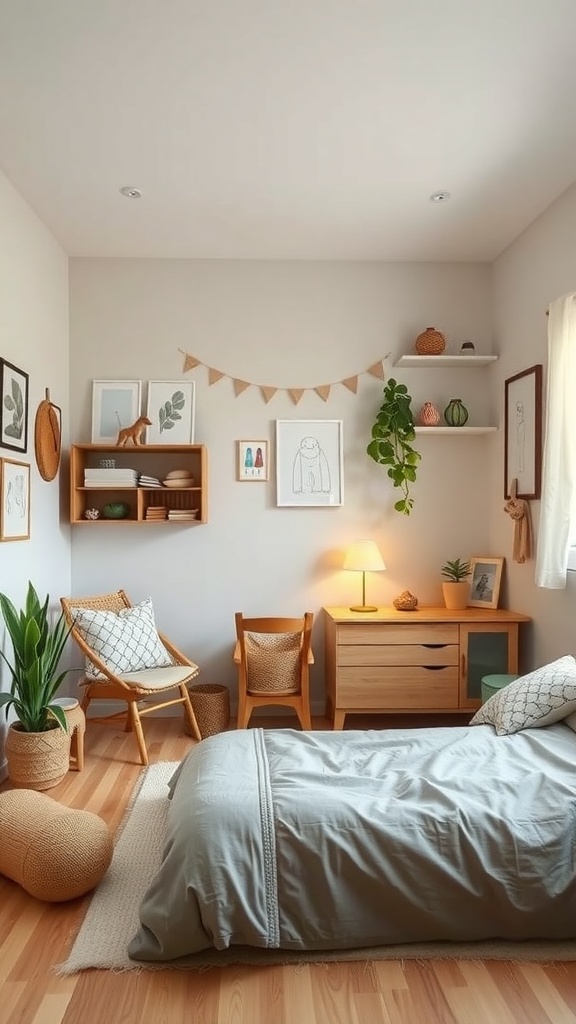 A stylish kids' bedroom featuring sustainable materials, including wooden furniture, organic textiles, and indoor plants.