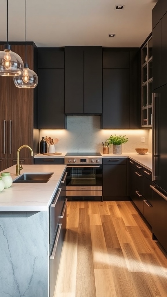 A modern kitchen featuring dark wood cabinetry, marble countertops, and natural light.