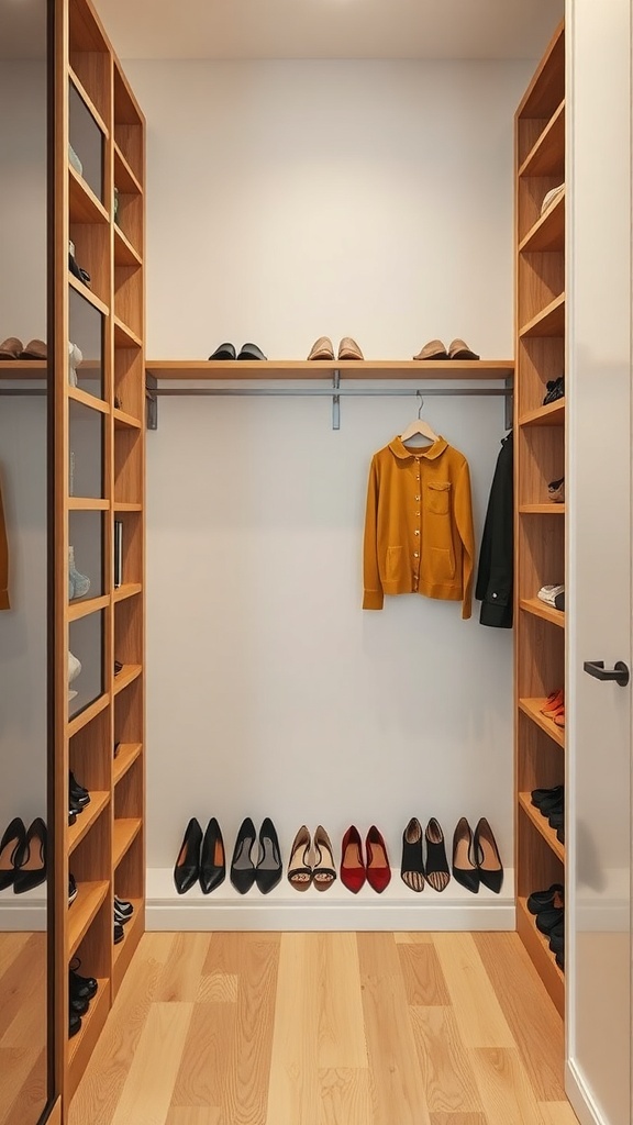 A small walk-in closet with wooden shelves and organized shoe storage.