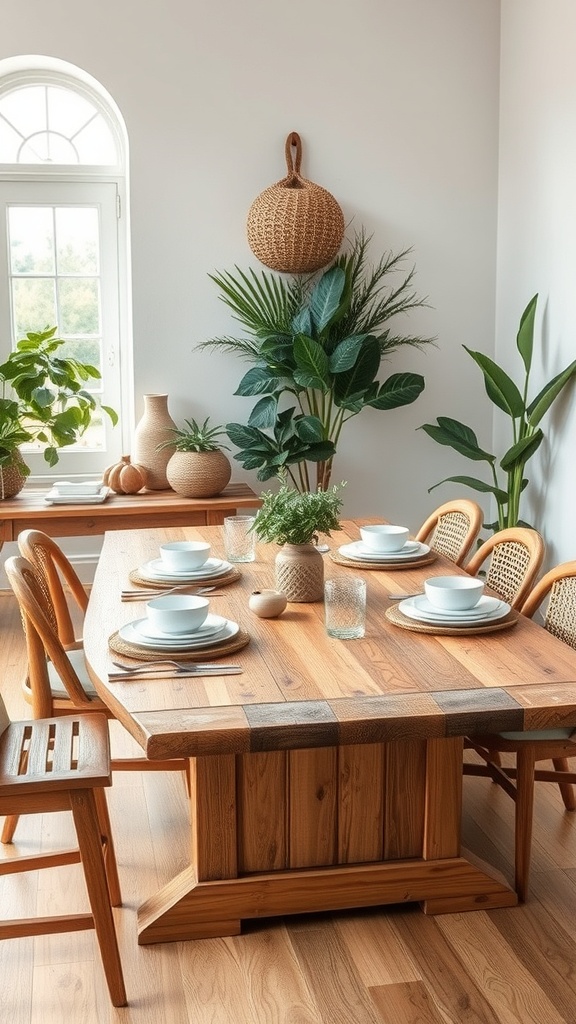 A cozy dining area featuring a wooden table with plates and glasses, surrounded by plants and natural decor.