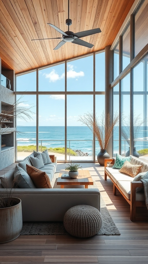 A modern living room with large windows overlooking the ocean, featuring wooden ceilings and natural decor.
