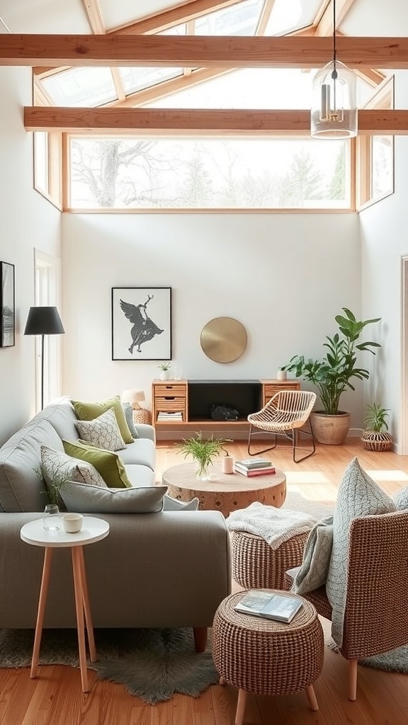 A cozy Scandinavian interior featuring wooden beams, a light sofa, and green plants.