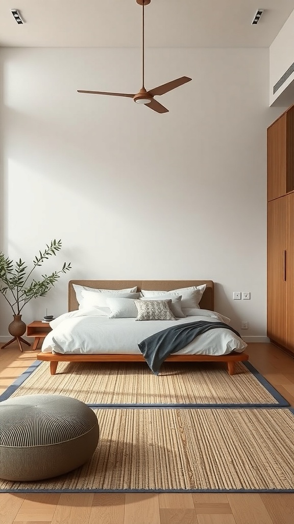 A minimalist Japandi bedroom featuring a wooden bed, soft textiles, and a plant, showcasing sustainable design.