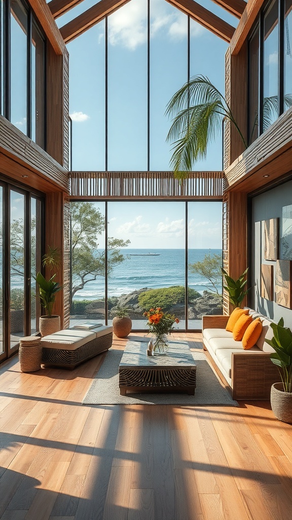 A bright and airy interior with large windows overlooking the ocean, featuring wooden beams, natural furniture, and plants.