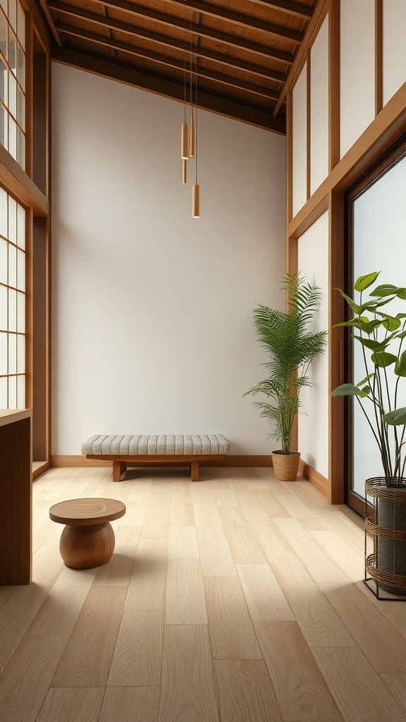 A minimalist interior featuring natural wood elements and plants.