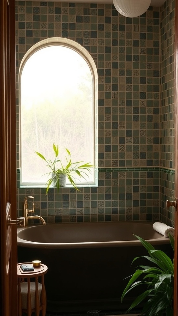 Ein stilvolles Badezimmer mit bunten Fliesen, einer runden Fensteröffnung und einer eleganten Badewanne.