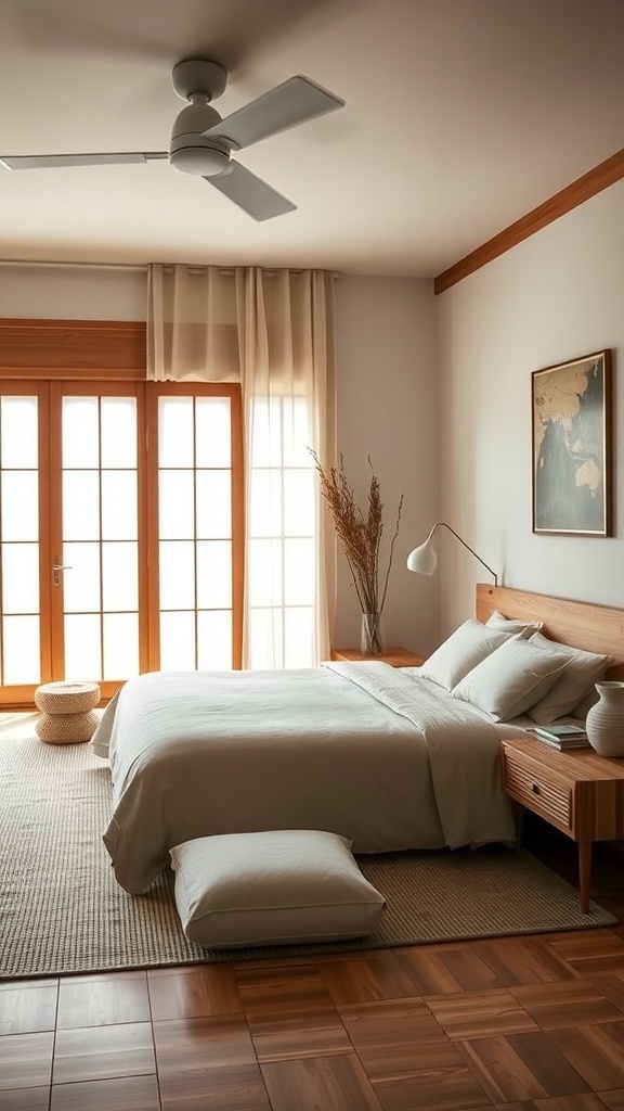 A serene Japandi-inspired bedroom featuring wooden furniture, soft bedding, and natural light.